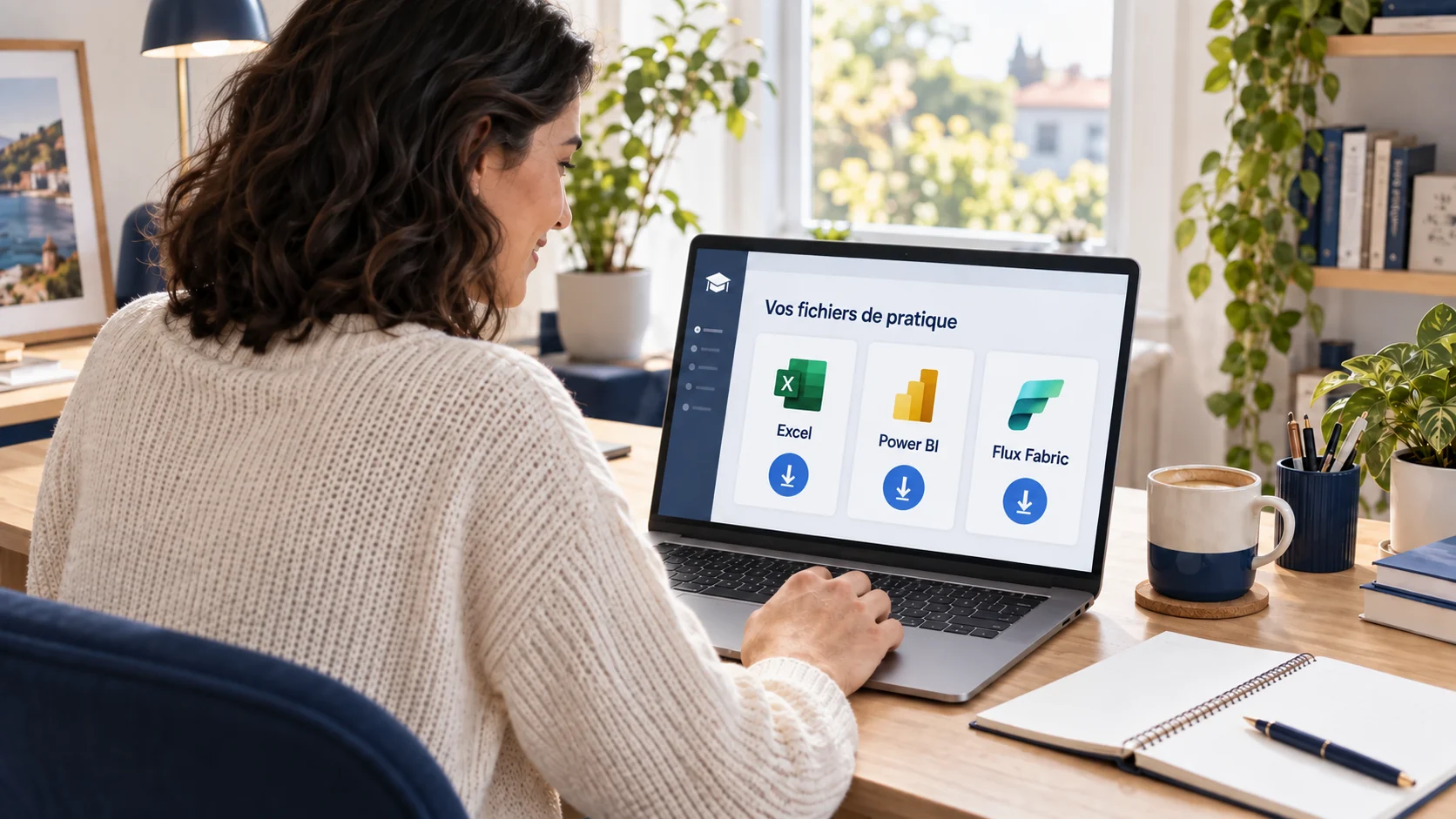 Une apprenante devant les trois téléchargements Excel, Power BI et Flux Fabric, scène illustrée